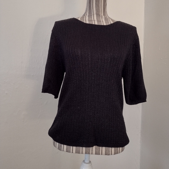 Tesori Vintage Black Ribbed Knit Pullover Short Sleeve Sparkle Sweater Size M - Picture 8 of 10